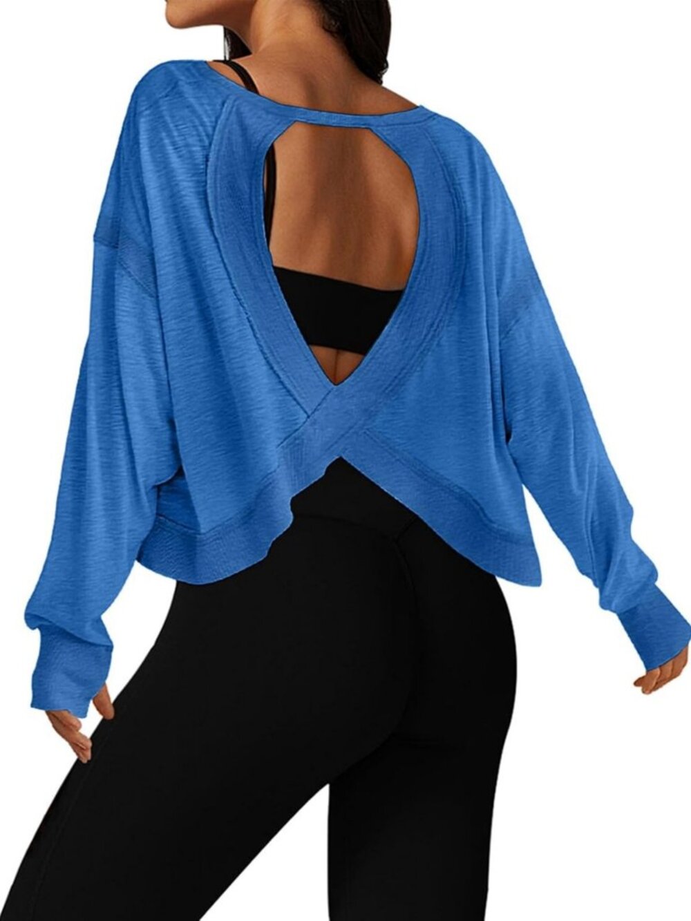 Open Back Long Sleeve Cropped Workout Tops for Women - Athletic Gym Yoga